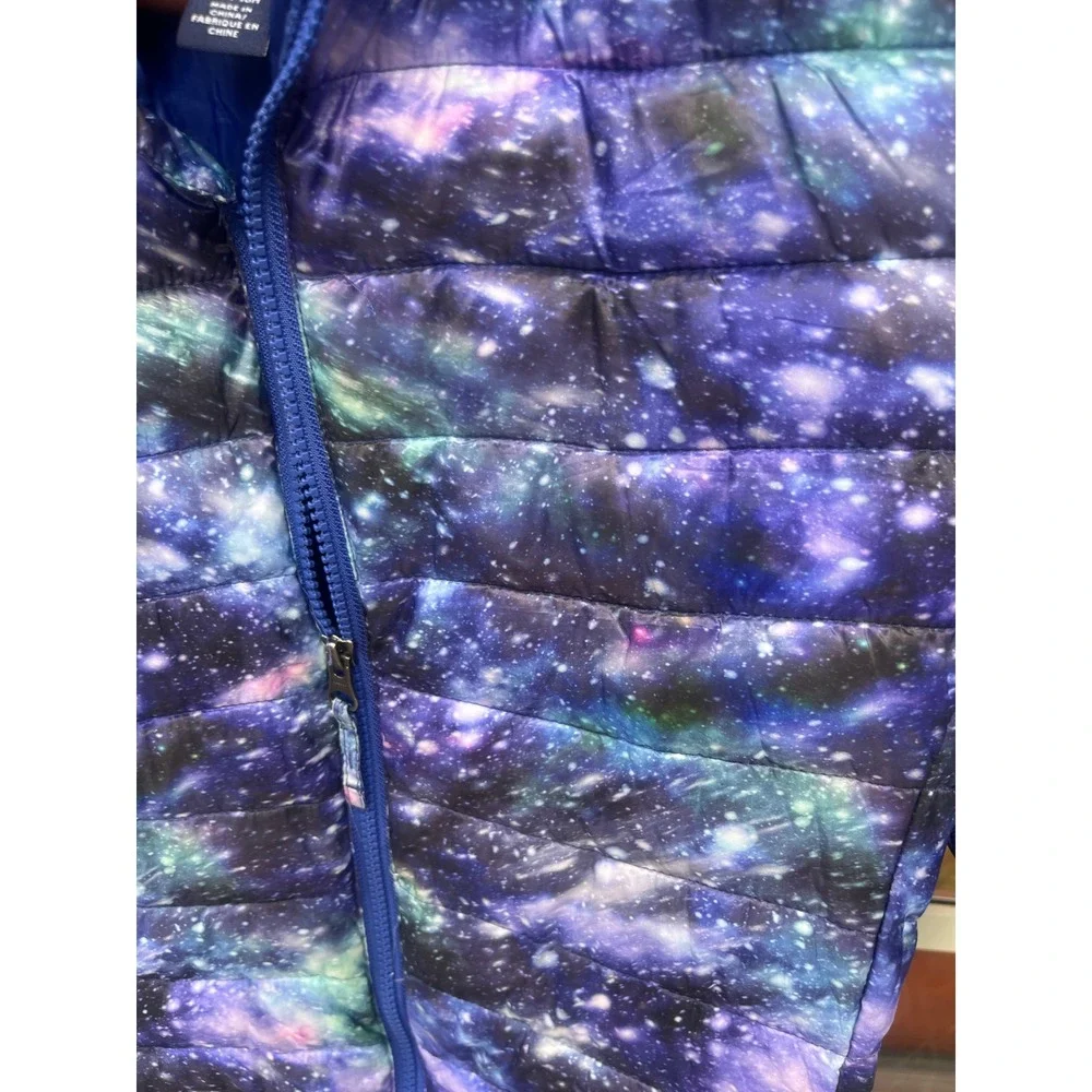 Lands End Galaxy Print Hooded Puffer Jacket Kids XL 14-16 Purple Blue Star Coat